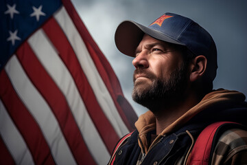 Obraz premium A solemn worker alongside the American flag.