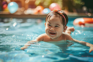 Fototapeta na wymiar Happy baby playing in swimming pool during summer vacation