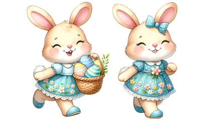 Obraz premium Watercolor of a cute bunny in a blue flower-pattern dress carrying Easter eggs basket. Creative clip art design. Easter season. 