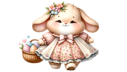 Obraz na płótnie Canvas Watercolor of a cute bunny in a pink flower-pattern dress carrying Easter eggs basket. Creative clip art design. Easter season. 