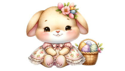 Watercolor  of a cute bunny in a pink flower-pattern dress sitting with Easter eggs basket. Creative clip art design. Easter season. 