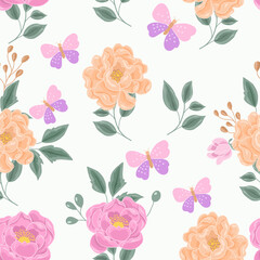 Hand Drawn Pastel Rose and Anemone Flower Seamless Pattern