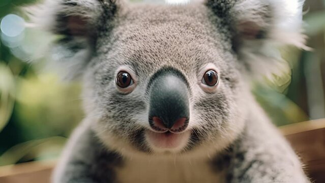 Closeup of a koalas face, with their adorable on nose and big fluffy ears, all leading to their wideset eyes that seem to speak volumes without making a sound.