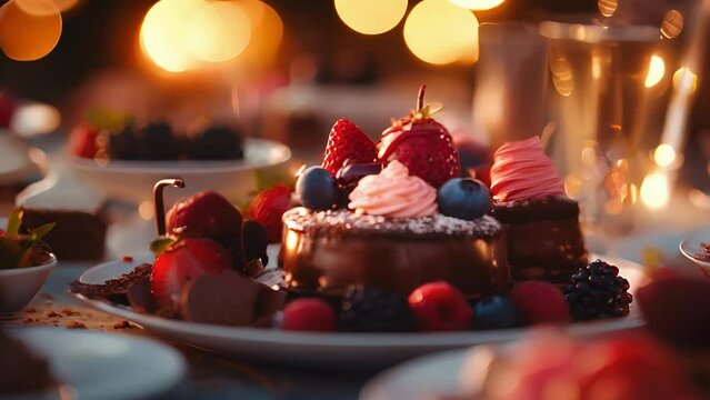 Closeup of a dessert platter featuring decadent treats, such as chocolate lava cake and fruit tarts, tempting guests at the Moonlit Waterfront Dinner.