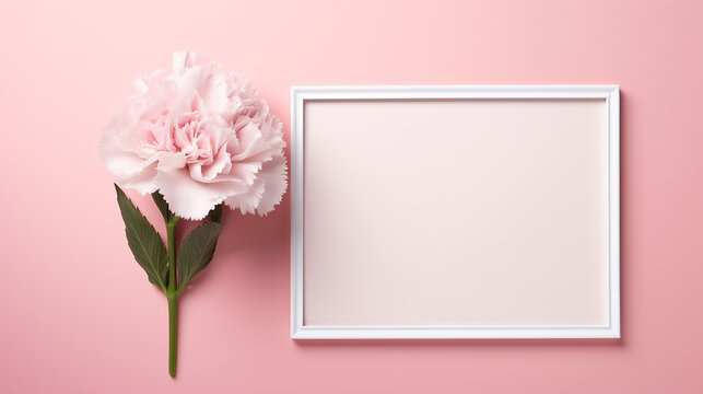 top view of carnation with white frame on pink background