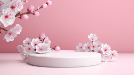 white product display podium with blossom flowers on pink background