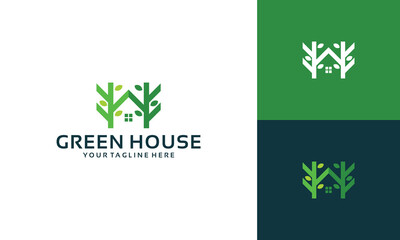 The Green House logo, a combination of a house and a tree trunk, is suitable for architectural building application logo designs
