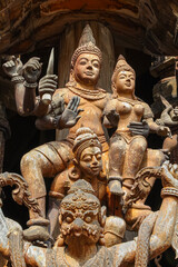 Wooden sculptures. The Temple of Truth. The city of Pattaya. Thailand.