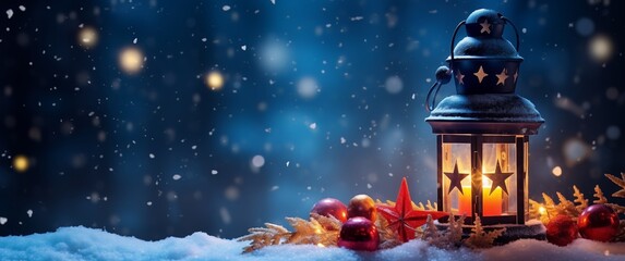 Snow-Covered Lantern with Ornament - Christmas Decoration. Made with Generative AI Technology - obrazy, fototapety, plakaty