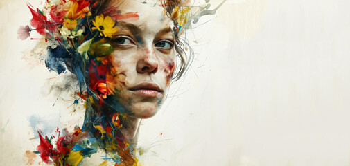 An intricate and expressive oil painting depicts a woman with flowers in her hair, her face submerged in vibrant colors.