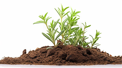 rosemary in sandy loam, symbolizing flavor and fragrance, prominently displayed on white background
