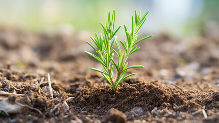 A sprout of rosemary in sandy loam, prominently displayed on a white background - obrazy, fototapety, plakaty