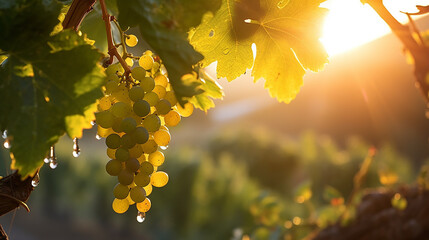 A tender grapevine shoot ascends in a vineyard, glistening with dew in the crisp sunrise - obrazy, fototapety, plakaty