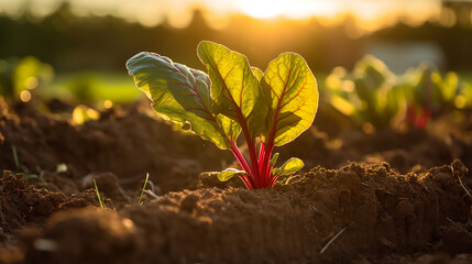 A tender beetroot leaf emerges in a cultivated land, greeted by the warm, late afternoon sun - obrazy, fototapety, plakaty
