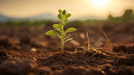 A young chickpea plant emerges in a farmland, nourished by the gentle dusk light