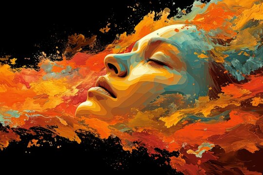 An expressive digital painting features a woman with her eyes closed, her face awash with vibrant oils.