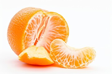 A vibrant, peeled orange with intricate skin texture is presented on a white surface.