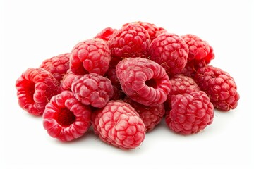 A pile of fresh raspberries is showcased on a white surface in a high-quality product image.