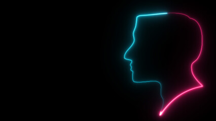 Glowing neon human head and silhouette icon isolated on black background. Motion graphic , human anatomy and science concept.
