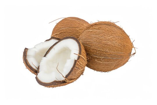 A hyper-detailed illustration features two coconuts cut in half, isolated on a white surface.