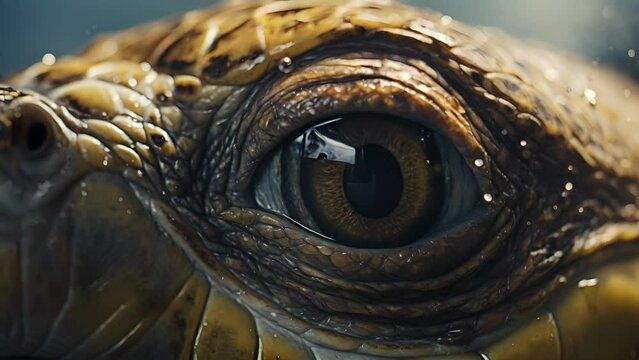 Closeup of a sea turtles dark eyes, framed by wrinkled skin, hinting at a lifetime of experiences and challenges faced in the everchanging sea.