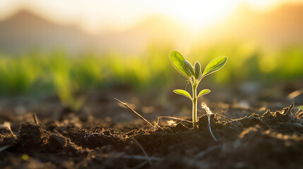 A delicate flaxseed sprout grows on a farm, basking in the golden rays of the late morning sun - obrazy, fototapety, plakaty