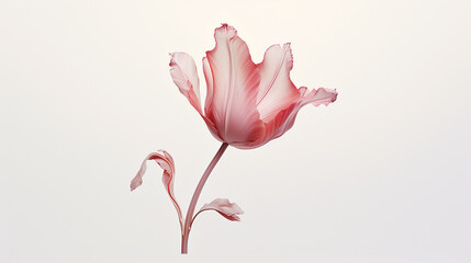 single tulip with petals and leaves intricately rendered in 3D, capturing elegant flower on white