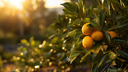 A tender kumquat sapling grows in a citrus grove field with sunlight - obrazy, fototapety, plakaty