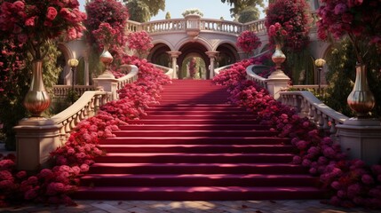 Fototapeta na wymiar A breathtaking view of a red carpet unfurling towards an extravagant VIP staircase, set amidst a pristine garden with vibrant flowers.