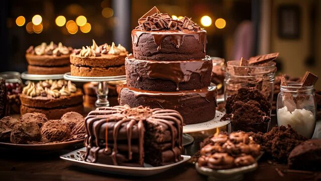 A heavenly view of a table overflowing with indulgent chocolate desserts, from fluffy chocolate mousse to gooey lava cakes, ready to fulfill any chocolate lovers fantasy.