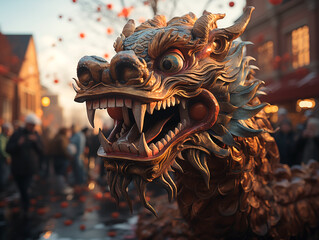 Close up of traditional Chinese dragon dance face mask for celebrating Chinese new year