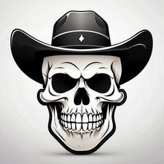 The skull logo uses a white 2D cowboy hat with a funny expression, placed on a striking white paper background, thick black lines