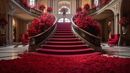 A captivating red carpet unfolding towards a breathtaking VIP staircase, surrounded by vibrant flowers and architectural marvels. - obrazy, fototapety, plakaty