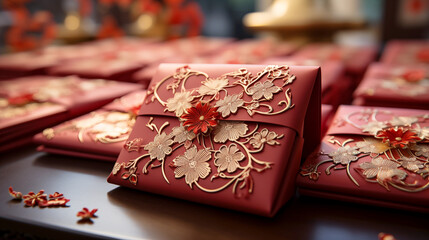 Naklejka na ściany i meble Close up of Chinese new year beautiful red envelopes for gifts and money. Chinese new year 2024