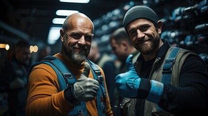 Two men Car technician giving thumbs up with wrench