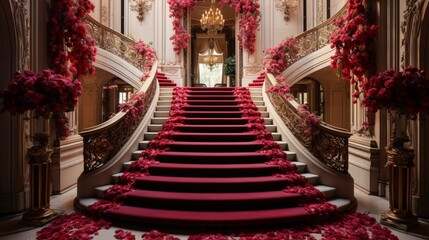 Fototapeta na wymiar A captivating red carpet unfolding towards a breathtaking VIP staircase, surrounded by vibrant flowers and architectural marvels.