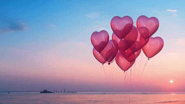 Silhouetted against the ocean and sky, the heart balloons appear as ethereal shapes, evoking a sense of magic and enchantment.