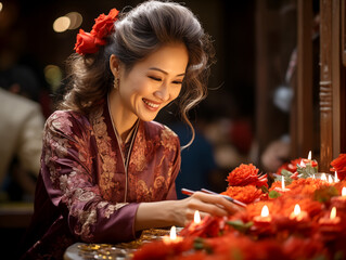 Beautiful smiley  Asian lady wearing cheongsam dress in Chinese temple to paying and lighting candle on Chinese lunar new year day