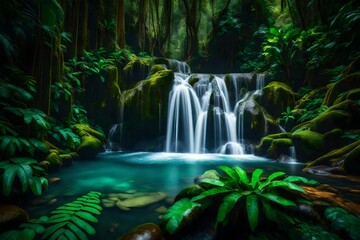 A concealed waterfall in the rainforest mountains, crystal waters cascading into a serene pool.