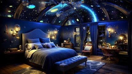 A celestial wonderland room with a galaxy-themed bed, twinkling starlight ceiling, and constellation wall art, sparking cosmic dreams.