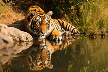 Fototapeta na wymiar A tiger in a reflective moment by a serene waterhole