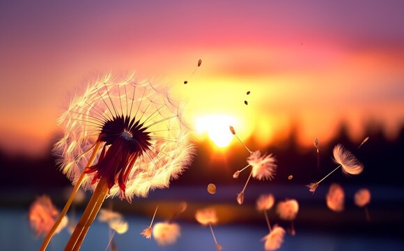 Wishing Freedom with Dandelion's Journey to Sunset. Made with Generative AI Technology