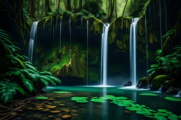 A concealed waterfall in a deep rainforest canyon, a marvel of nature's creation. - obrazy, fototapety, plakaty