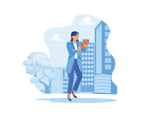 A young woman walking along a city street holding a tablet. Using digital devices when outdoors. Happy calm peaceful girl volunteer concept. Trend Modern vector flat illustration