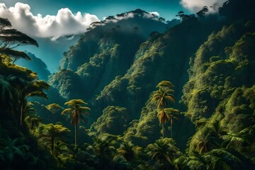 Fototapeta na wymiar A rainforest mountain landscape, adorned with winter's embrace, embodies serene beauty.