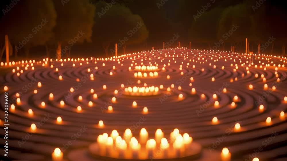 Poster the pathway of the labyrinth is lined with candles, their soft glow illuminating the way towards the