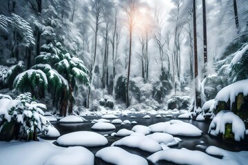 snow-covered rainforest landscape embodies the tranquility of winter.
