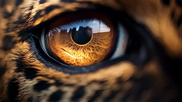 Extreme closeup of a leopards spotlined eye, the soft focus drawing attention to the intricate details of the iris and creating an ethereal effect.