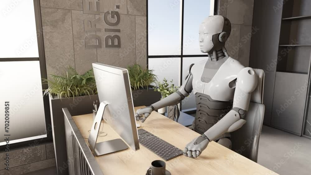 Poster futuristic robot humanoid cyber working alone in modern office with laptop 3d rendering animation ar