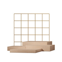 3d image render transparent background of brown terrazzo podium in square with gold grid backdrop

